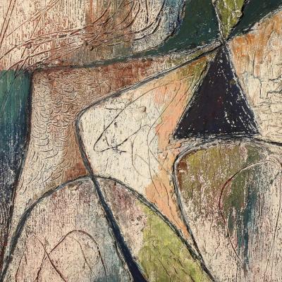 Hans Jaenisch Mid Century Modernist Abstract Figure Oil on Paper Painting signed Hans Jaenisch