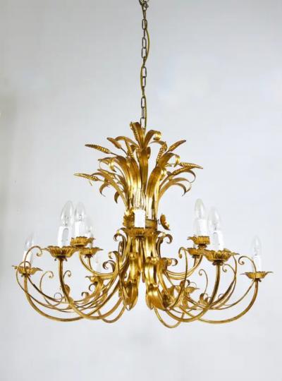 Hans K gl Hans K gl XL Hollywood Regency Wheat Floral Bouquet Gilt Iron Chandelier 1970s