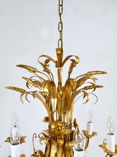 Hans K gl Hans K gl XL Hollywood Regency Wheat Floral Bouquet Gilt Iron Chandelier 1970s