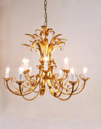 Hans K gl Hans K gl XL Hollywood Regency Wheat Floral Bouquet Gilt Iron Chandelier 1970s