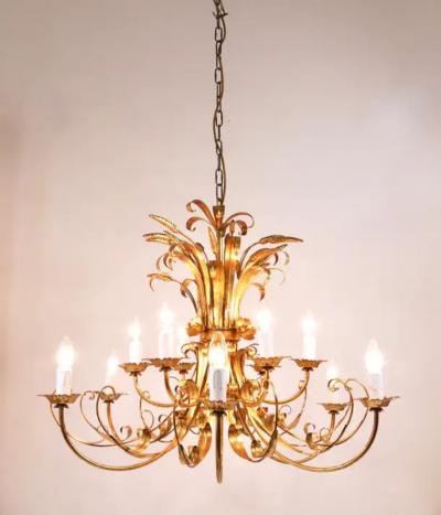 Hans K gl Hans K gl XL Hollywood Regency Wheat Floral Bouquet Gilt Iron Chandelier 1970s