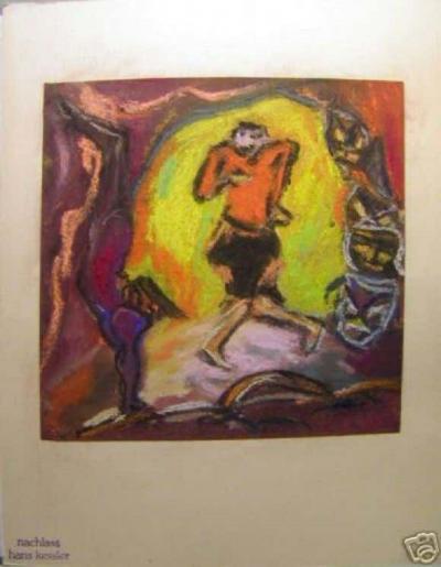 Hans Kessler Expressionist Crayon Drawing by Bauhaus Artist Hans Kessler