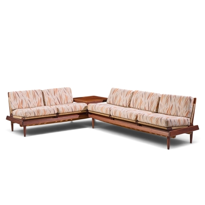Hans Olsen Hans Olsen Model 161 Danish Teak and Cane Modular 2 Seat Sofa with Table Pair