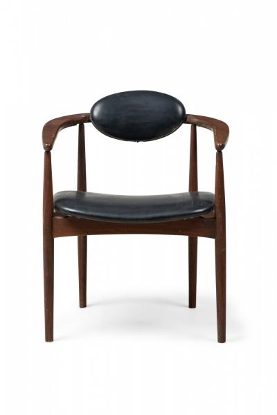 Hans Wegner 3 Danish Modern Black Leather Upholstered Armchairs Manner of Hans Wegner