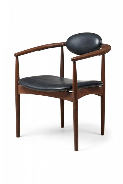 Hans Wegner 3 Danish Modern Black Leather Upholstered Armchairs Manner of Hans Wegner