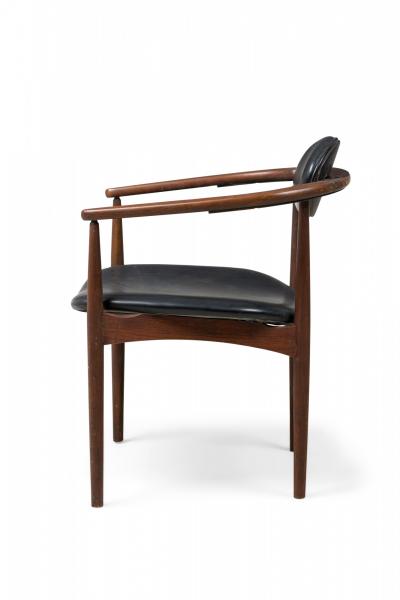 Hans Wegner 3 Danish Modern Black Leather Upholstered Armchairs Manner of Hans Wegner