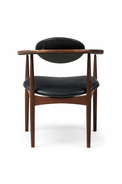 Hans Wegner 3 Danish Modern Black Leather Upholstered Armchairs Manner of Hans Wegner