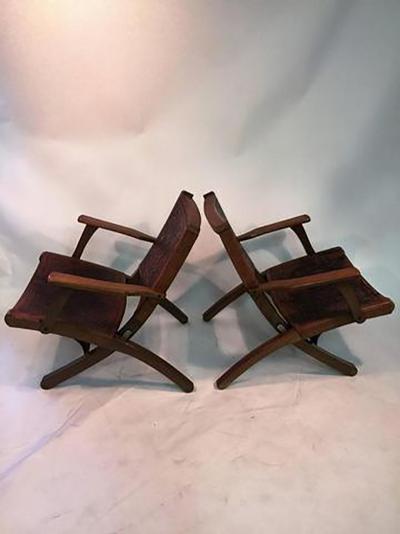 Hans Wegner Great Pair of Hans Wegner Style Saddle Tooled leather Folding Chairs and Ottoman