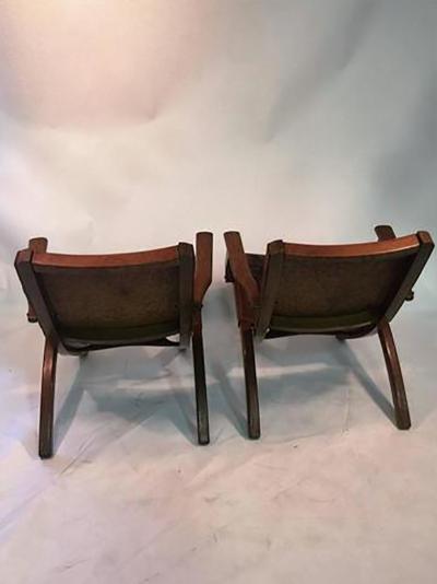 Hans Wegner Great Pair of Hans Wegner Style Saddle Tooled leather Folding Chairs and Ottoman
