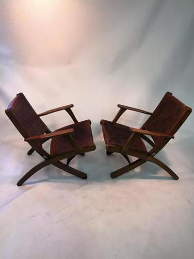 Hans Wegner Great Pair of Hans Wegner Style Saddle Tooled leather Folding Chairs and Ottoman