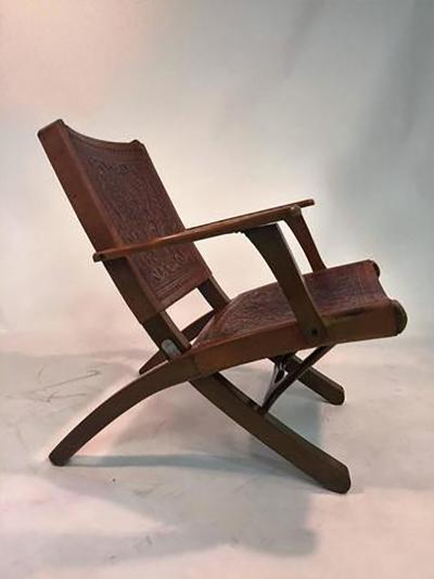 Hans Wegner Great Pair of Hans Wegner Style Saddle Tooled leather Folding Chairs and Ottoman