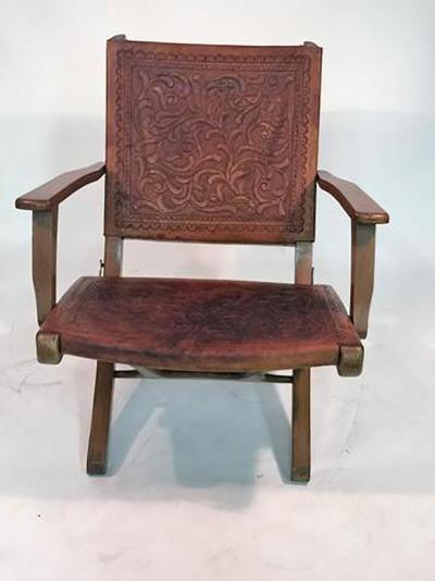 Hans Wegner Great Pair of Hans Wegner Style Saddle Tooled leather Folding Chairs and Ottoman