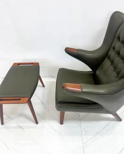 Hans Wegner Hans J Wegner AP19 Papa Bear Chair and Ottoman A P Stolen Olive Green Leather