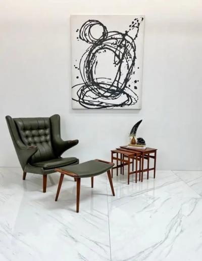 Hans Wegner Hans J Wegner AP19 Papa Bear Chair and Ottoman A P Stolen Olive Green Leather