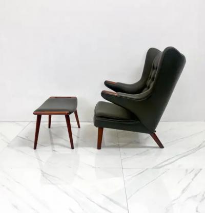 Hans Wegner Hans J Wegner AP19 Papa Bear Chair and Ottoman A P Stolen Olive Green Leather