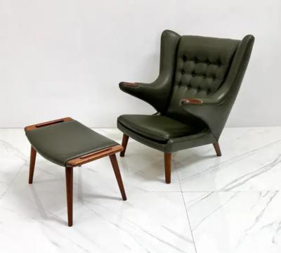 Hans Wegner Hans J Wegner AP19 Papa Bear Chair and Ottoman A P Stolen Olive Green Leather