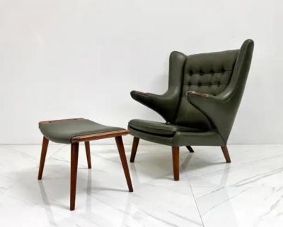 Hans Wegner Hans J Wegner AP19 Papa Bear Chair and Ottoman A P Stolen Olive Green Leather