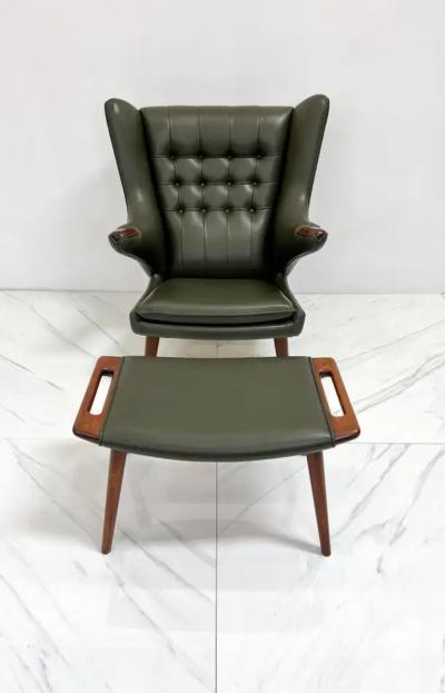 Hans Wegner Hans J Wegner AP19 Papa Bear Chair and Ottoman A P Stolen Olive Green Leather