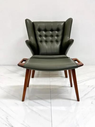 Hans Wegner Hans J Wegner AP19 Papa Bear Chair and Ottoman A P Stolen Olive Green Leather