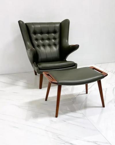 Hans Wegner Hans J Wegner AP19 Papa Bear Chair and Ottoman A P Stolen Olive Green Leather