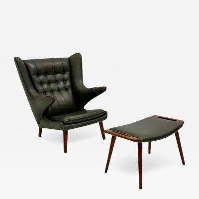 Hans Wegner Hans J Wegner AP19 Papa Bear Chair and Ottoman A P Stolen Olive Green Leather