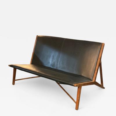 Hans Wegner Hans J Wegner Style Teak Leatherette Settee Denmark 1950s
