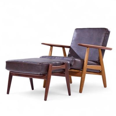 Hans Wegner Hans Wegner for Getama GE 290 Teak High Back Lounge Chairs Pair with Ottoman