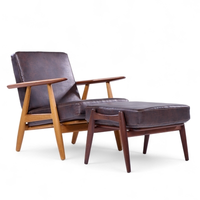 Hans Wegner Hans Wegner for Getama GE 290 Teak High Back Lounge Chairs Pair with Ottoman