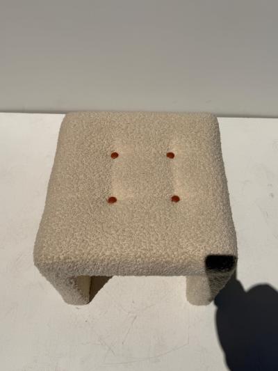 Hans Wegner Modern Upholstered Stools in Bucle Fabric with Cognac Leather Buttons