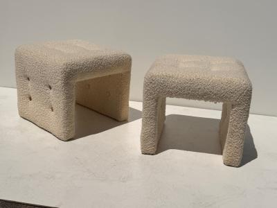 Hans Wegner Modern Upholstered Stools in Bucle Fabric with Cognac Leather Buttons