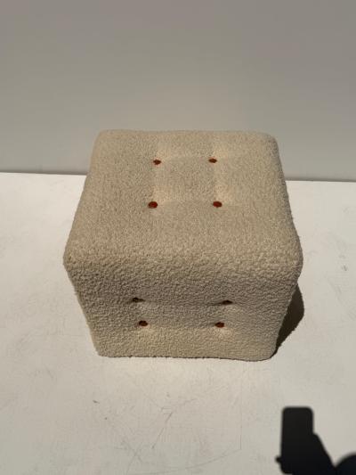 Hans Wegner Modern Upholstered Stools in Bucle Fabric with Cognac Leather Buttons