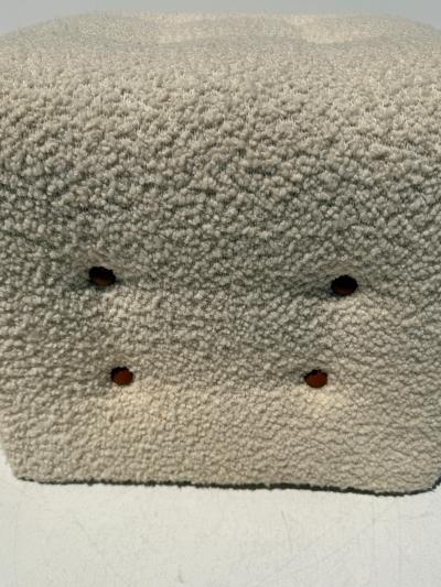 Hans Wegner Modern Upholstered Stools in Bucle Fabric with Cognac Leather Buttons