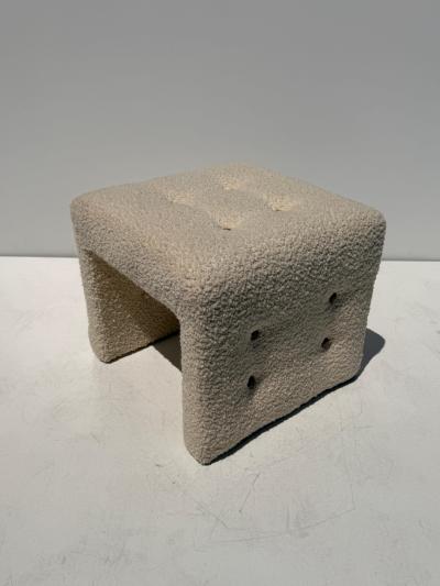 Hans Wegner Modern Upholstered Stools in Bucle Fabric with Cognac Leather Buttons