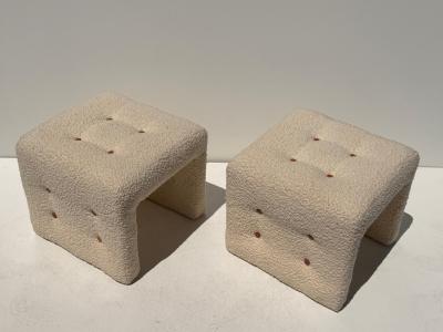 Hans Wegner Modern Upholstered Stools in Bucle Fabric with Cognac Leather Buttons