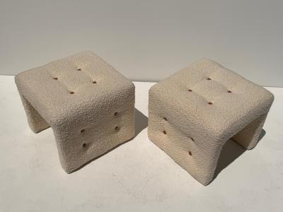 Hans Wegner Modern Upholstered Stools in Bucle Fabric with Cognac Leather Buttons