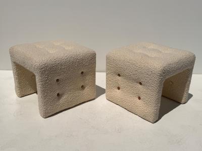 Hans Wegner Modern Upholstered Stools in Bucle Fabric with Cognac Leather Buttons
