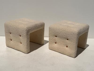 Hans Wegner Modern Upholstered Stools in Bucle Fabric with Cognac Leather Buttons