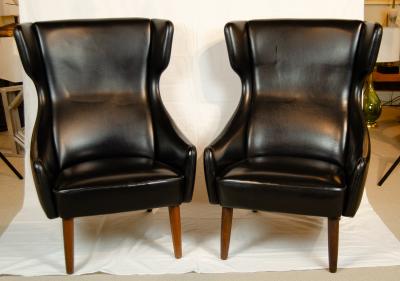 Hans Wegner Pair of Black Vinyl Wingback Chairs