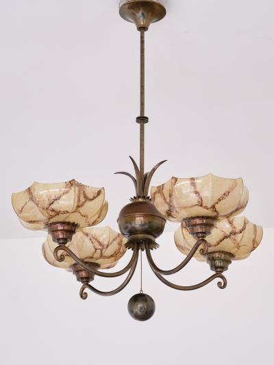 Harald Notini Harald Notini Chandelier in Brass and Marbled Glass B hlmarks Sweden 1927