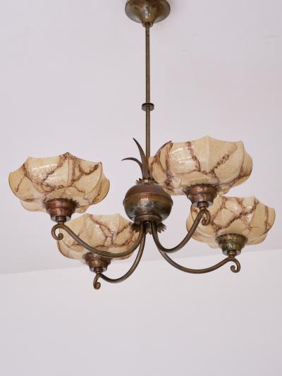 Harald Notini Harald Notini Chandelier in Brass and Marbled Glass B hlmarks Sweden 1927