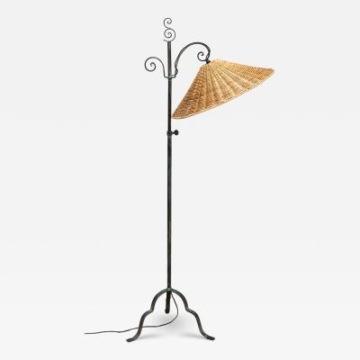Harald Notini Harald Notini Wrought Iron Floor Lamp Rattan Shade B hlmarks Sweden 1930s