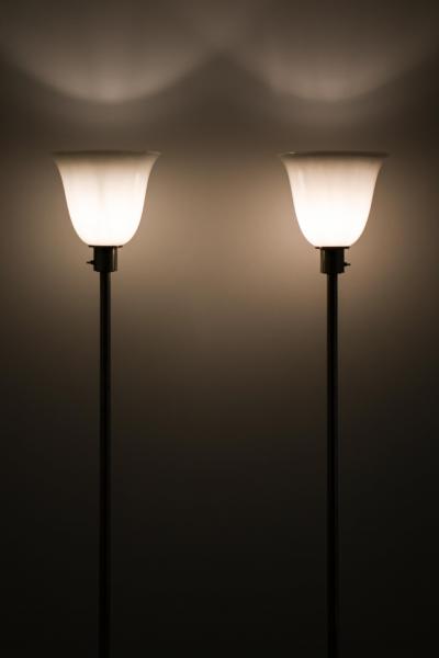 Harald Notini Pair of Floor Lamps in Nickel and Opaline Glass by Harald Notini 1930s