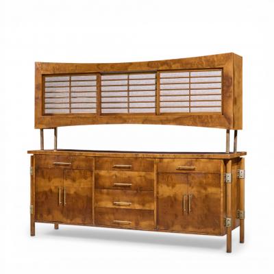 Harold Schwartz Romweber Harold Schwartz for Romweber Mid Century Burlwood and Brass Credenza and Hutch