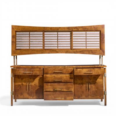 Harold Schwartz Romweber Harold Schwartz for Romweber Mid Century Burlwood and Brass Credenza and Hutch
