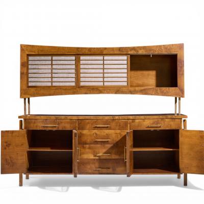 Harold Schwartz Romweber Harold Schwartz for Romweber Mid Century Burlwood and Brass Credenza and Hutch