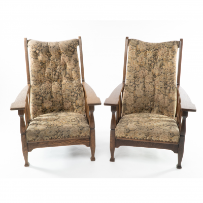 Harris Lebus Two English Arts Crafts Oak Reclining Armchairs with Large Flat Extended Arms