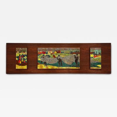 Harris Strong Mid century Modern Harris Strong Triptych Tile Wall Plaque of a Fishing Village