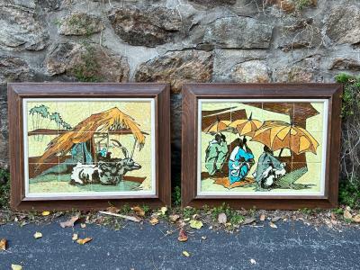 Harris Strong RARE PAIR OF MONUMENTAL EXOTIC SCENE CERAMIC PLAQUES BY HARRIS G STRONG