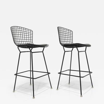 Harry Bertoia Pair of Bertoia Bar Height Stools in Black with Volo Leather Seat Pad