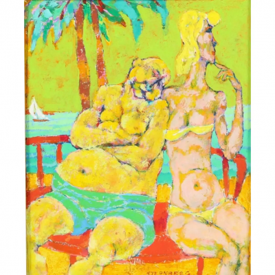 Harry Sternberg Abstract Semi Nude Oil Painting of Poolside Couple